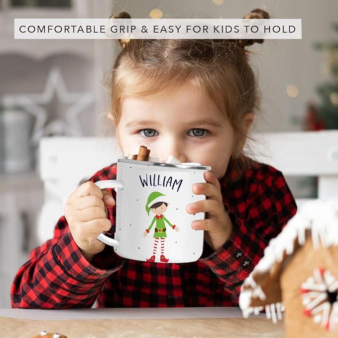Andaz Press Personalized 11oz. Kids Christmas Hot Chocolate Stainless Steel Campfire Coffee Mug, Green Boy Xmas Elf Standing 1-Pack, Custom Birthday Xmas Cup Kids Mugs For Hot Chocolate Christmas Mugs