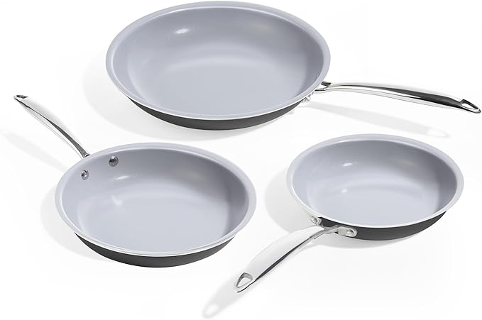 KITEXPERT Non Stick Frying Pans, Titanium Ceramic Skillet Set for Cooking, 8" 9.5" 11" Non Toxic Ceramic Pans with Stay Cool Handle, PFAS & PTFE & PFOA Free, Dishwasher and Oven Safe, Grey