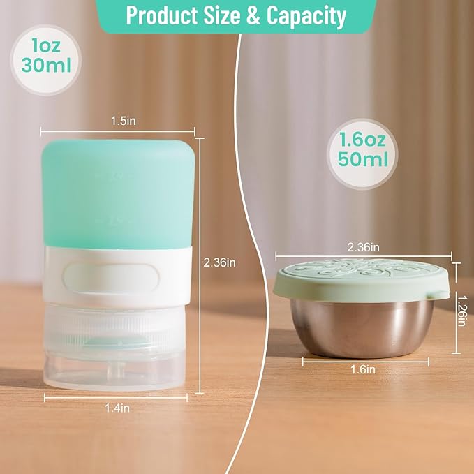 8-Pack Salad Dressing Container To Go, 1-oz Silicone Small Condiment Squeeze Bottles and 1.6 oz Stainless Steel Sauce Containers Cups, Leakproof Condiment Containers with Lids for Lunch Box