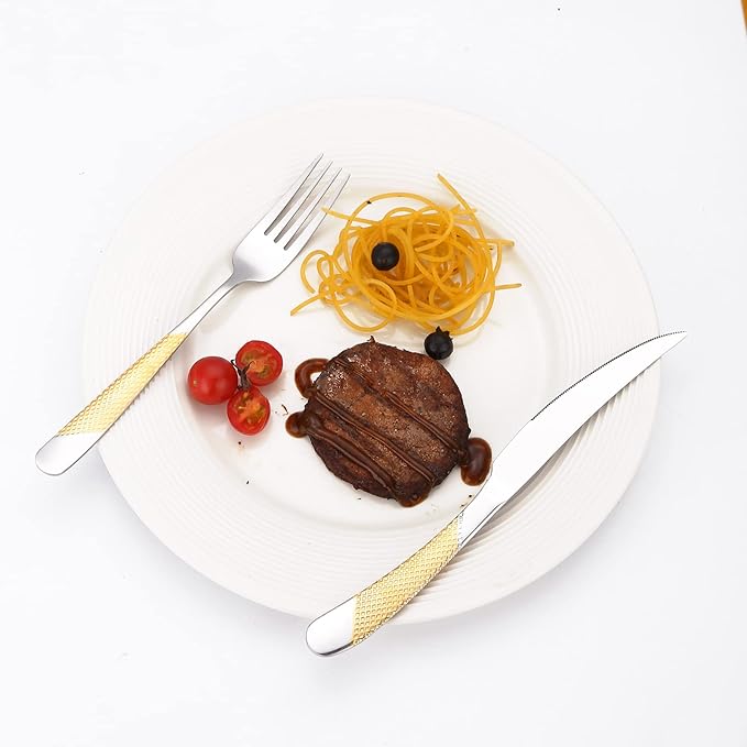 A·HOUSEWARE Hammered Silverware Gold and Silver Flatware Stainless Steel Cutlery Sets for 4 Forks Spoons knives Patten Handle Kitchen Utensils for Restuarant and Home