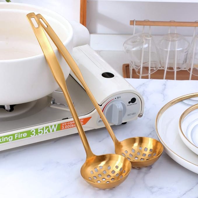 Buyer Star 2 Pcs Soup Ladle Colander, Gold Cookware Serving Long Handle Steel Slotted Spoon Cooking Utensil Set for Hotpot