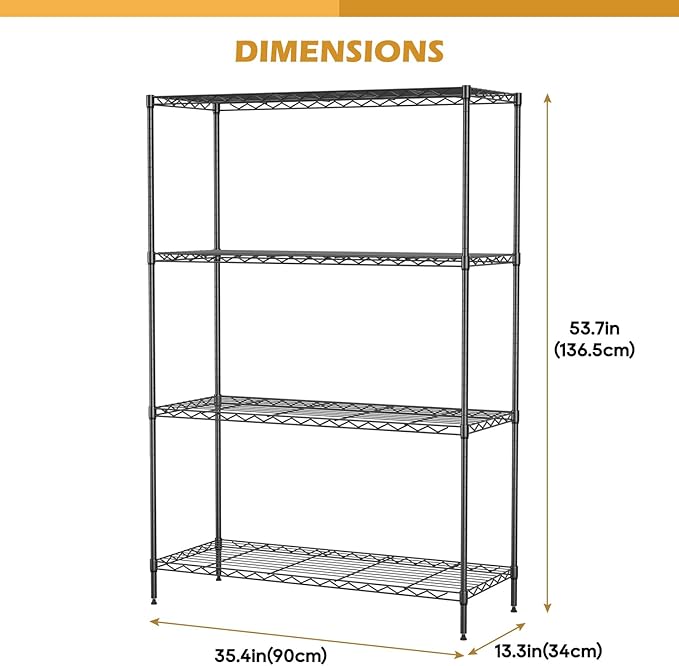 4-Shelf Storage Shelves Metal Shelving Unit NSF Garage Storage Rack Adjustable Wire Shelves Organizer for Kitchen Closet Basement, 800 LBS Capacity, 35.4" L x 13.3" W x 53.7" H, Black