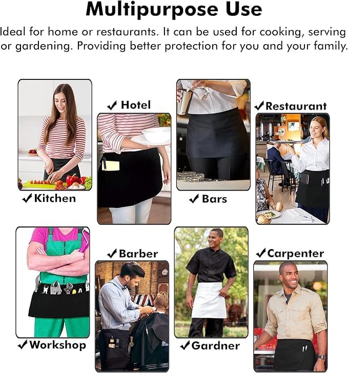 Dreamology Serving Apron for Waitresses,Waist Apron,Server Aprons with 3 Pockets,Short Waist Aprons For Women,Waitress Apron for Women and Men (2 Pack)