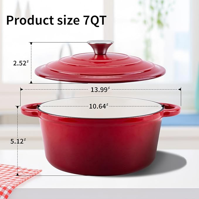 Enameled Cast Iron Dutch Oven Pot with Lid Heavy-Duty Cookware for Bread Baking, Braising,Stews,Roasting,Oven Safe up to 500°F,7QT,red