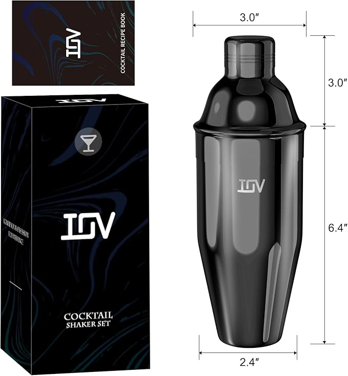 IOV Cocktail Shaker, 24 oz Martini Shaker, Drink Mixer with Built-in Strainer, Professional Stainless Steel Margarita Alcohol Shaker with Cocktail Recipe Guide, Bartender Kit Gifts, Black