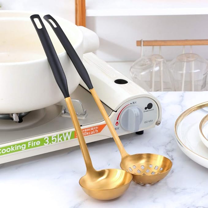 Buyer Star 2 Pcs Soup Ladle Colander, Gold Black Cookware Serving Long Handle Steel Slotted Spoon Cooking Utensil Set for Hotpot