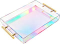 Acrylic Serving Tray with Handles Large Ottoman Food Decorative Tray for Coffee Table Tea Fruit Snack Kitchen Bar Platter, 17x13’’, Iridescent Rainbow