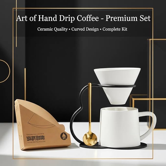 Pour Over Coffee Maker set,Ceramic Coffee Maker With V60 40 pcs Paper Filter，Metal Stand 9oz 270ml mug Pour Over Coffee Dripper white