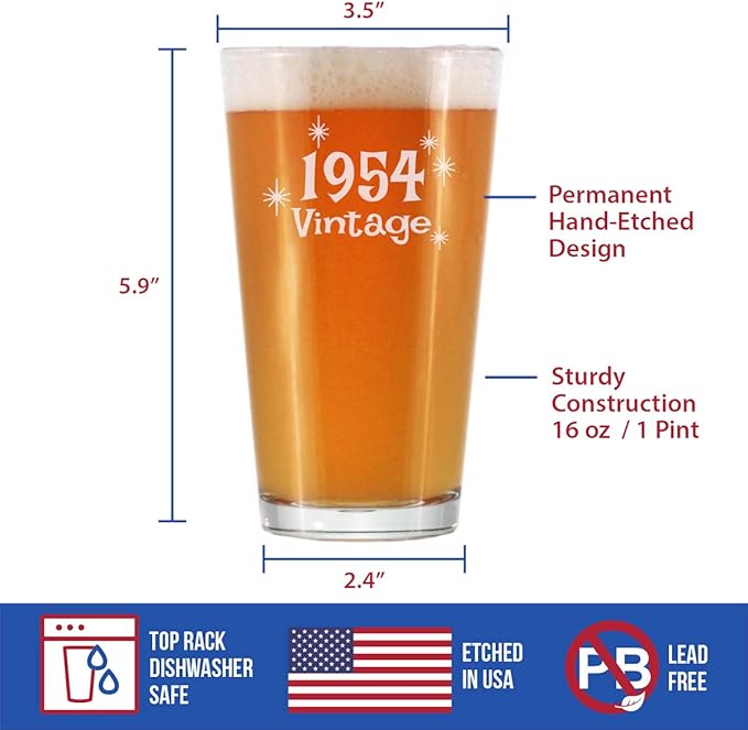 Vintage 1954 Pint Glass for Beer - 71st Birthday Gifts for Men or Women Turning 71 - Fun Bday Party Decor - 16 oz
