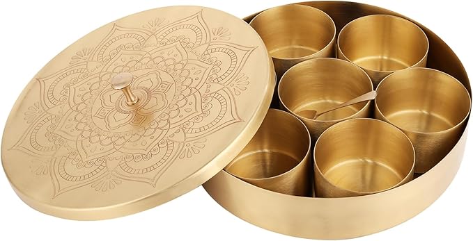 Brass Round Spice Box Masala Dabba-Spice Box Set With Spoon Container 90 ML Indian Masaladanni for Kitchen Counter With Spoon (Floral, 9 Inch (Large Family))