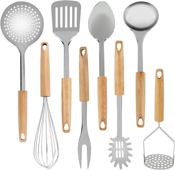 Keewah Cooking Utensil Set, 8 Piece, Stainless steel with Wood Handle