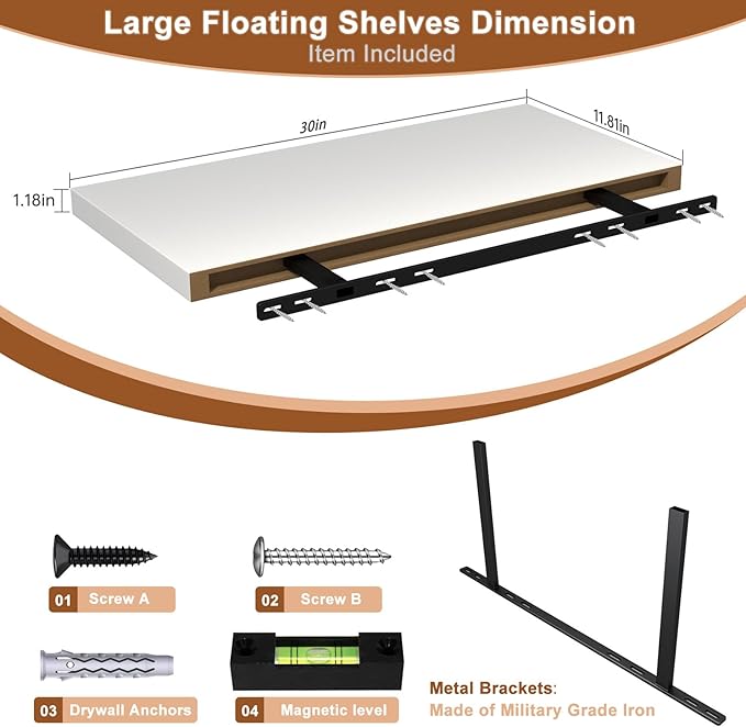 12 Inch Deep Floating Shelves for Wall 2 Pack Floating Shelfs Large Storage Space Wall Decor Display Shelf for Bathroom Living Room Bedroom Kitchen 30" W x 12" D x 1.2" H White