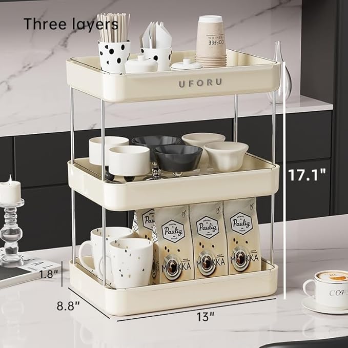 Countertop Coffee Station Organizer, 3 Tier Wine Glass Holder, Mug Shelf with Removable Drain Tray, Spice Rack for Kitchen, Bathroom Countertop Organizer, Cream White