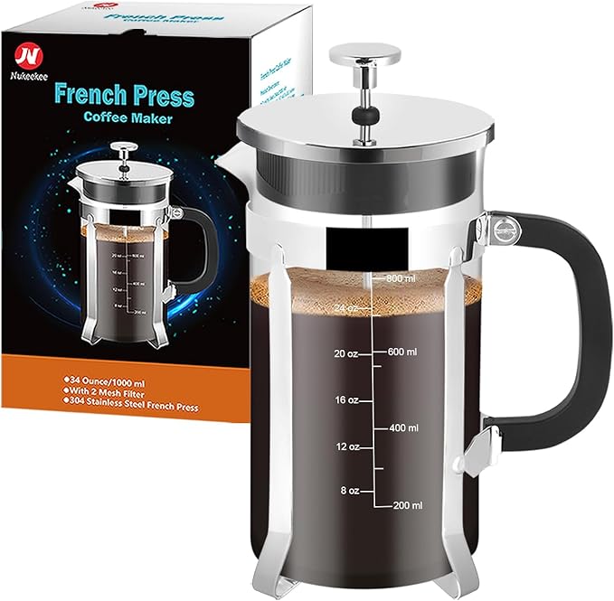 French Press Coffee Maker,34oz 304 Stainless Steel with 2 Filter, Heat Resistant Durable, Easy to Clean, Borosilicate Glass Press, BPA Free Glass TeaPot-34 Ounce 1 Liter (Chrome)