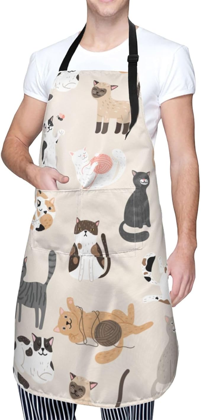 Cat and Dogs Animals Adjustable Bib Neck Chef Aprons, Kitchen Bbq Waterproof Apron with 2 Pockets For Mom Dad