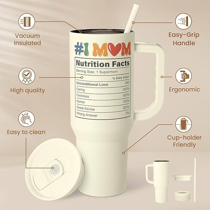 Mom Tumbler with Handle 40oz, Cool Mom Club Cup Stainless Steel Insulated Tumblers Coffee Travel Mugs, Gifts for Moms from Daughter Son, Best Mother Gift for Birthday Christmas Mothers Day