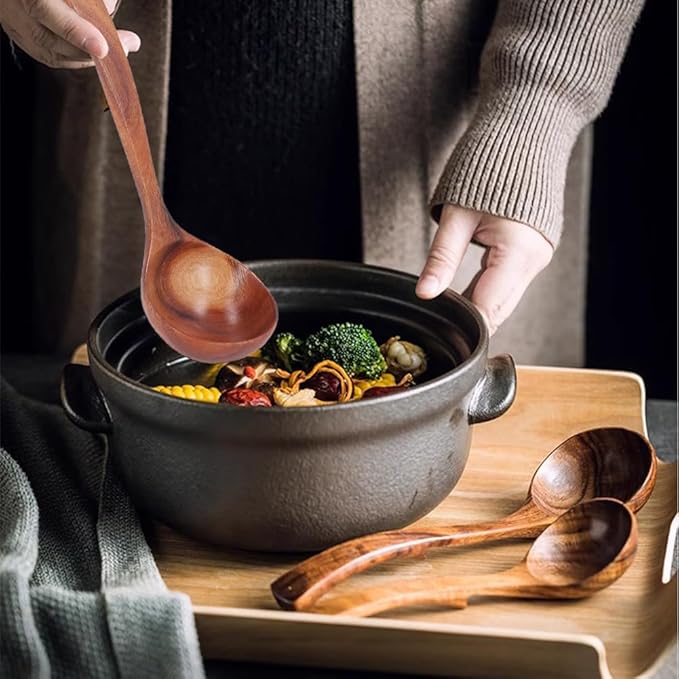 Teak Wooden Ladle - Long Heat-Resistant Handle, Deep Serving Spoon for Soup/Stews/Porridge, Sustainable Handcrafted, Smooth Finish (9.45×2.75in)