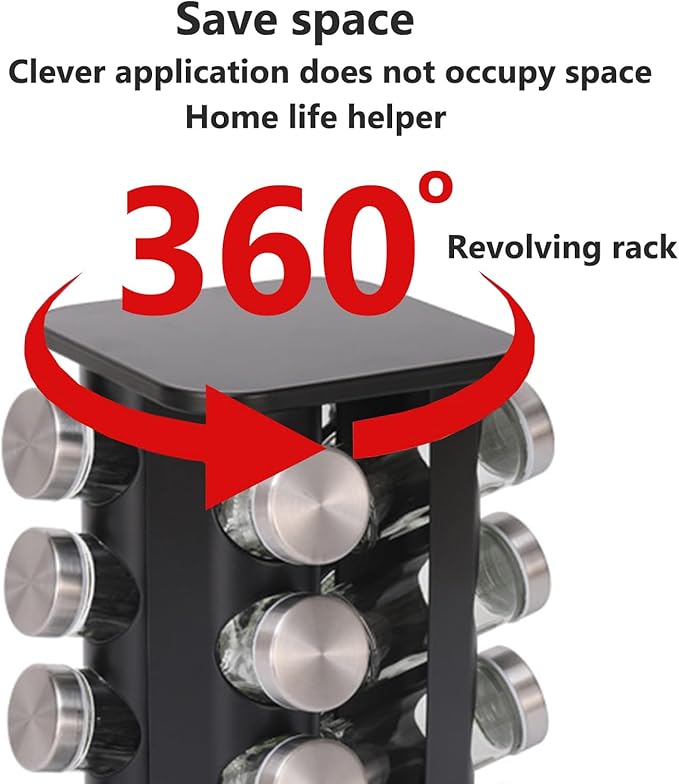 Spice rack-Revolving Spice Rack Set, Kitchen Spice Tower Organizer for Countertop or Cabinet -Desktop Rotating Seasoning Organizer(Stainless Steel) (Black, SquareHead_20Jars)