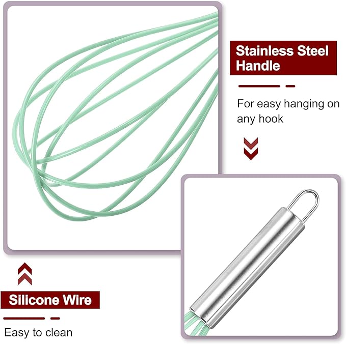 HARFINGTON 5Pcs Silicone Whisk 8" Kitchen Whisk Wire Whisks Beater with Stainless Steel Handle for Egg Milk Whisking Blending Beating & Stirring, Green