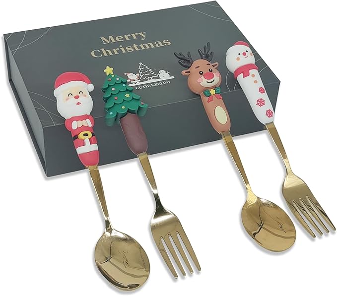 Christmas Themed 4-Piece Utensil Set (2 Spoons, 2 Forks) - Elegant Stainless Steel with Festive Patterned Handles - Perfect Holiday Gift for Family & Friends