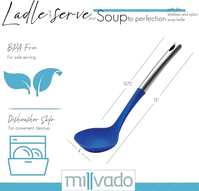 Soup Ladle, Blue Nylon & Stainless Steel, 13 Inch, Modern, Plastic Free, 1 Piece