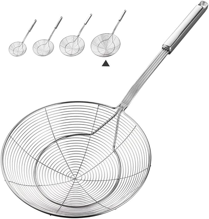 YFWOOD 7.9 Inch Spider Strainer Skimmer, Reinforced Double Coil Wire Skimmer with Large Handle Solid Stainless Steel Strainer Ladle for Cooking and Frying (1 - Piece)