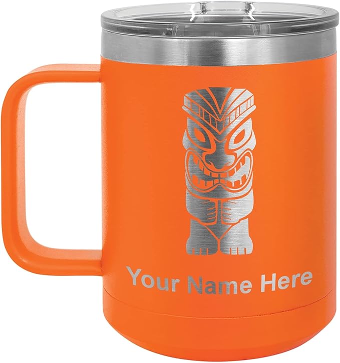 LaserGram 15oz Vacuum Insulated Coffee Mug, Tiki Statue, Personalized Engraving Included (Orange)