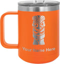 LaserGram 15oz Vacuum Insulated Coffee Mug, Tiki Statue, Personalized Engraving Included (Orange)