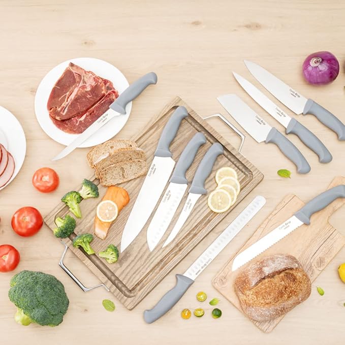 Restaurantware Comfy Grip 9-Piece Knife Set 1 Sharp Knife Set - Ergonomic Handle Non-Slip Grip Gray Stainless Steel Kitchen Knife Set Dishwashable Chop Slice Or Dice Ingredients