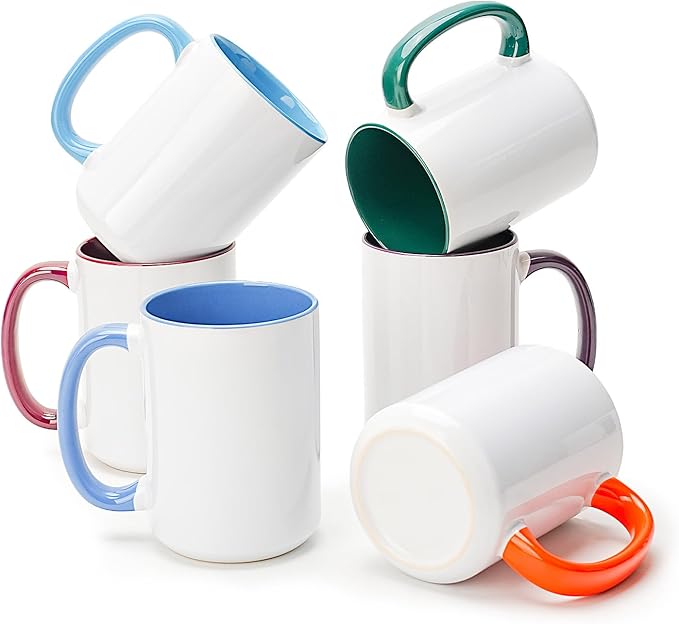 Ceramic 15oz White Sublimation Coffee Mug in White Box, 6 Assorted Colors Option #2 of Orange, Purple, Turquoise, Dark Blue, Dark Red, and Hunter Green, Case of 24