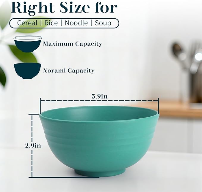 Kitchen Bowls 26 OZ, Unbreakable Cereal Bowls Set of 8, Microwave Safe Wheat Straw bowls for Camping, School, Dorm, Reusable Plastic Bowl for Cereal, Ramen, Salad, Rice, Snack - Green