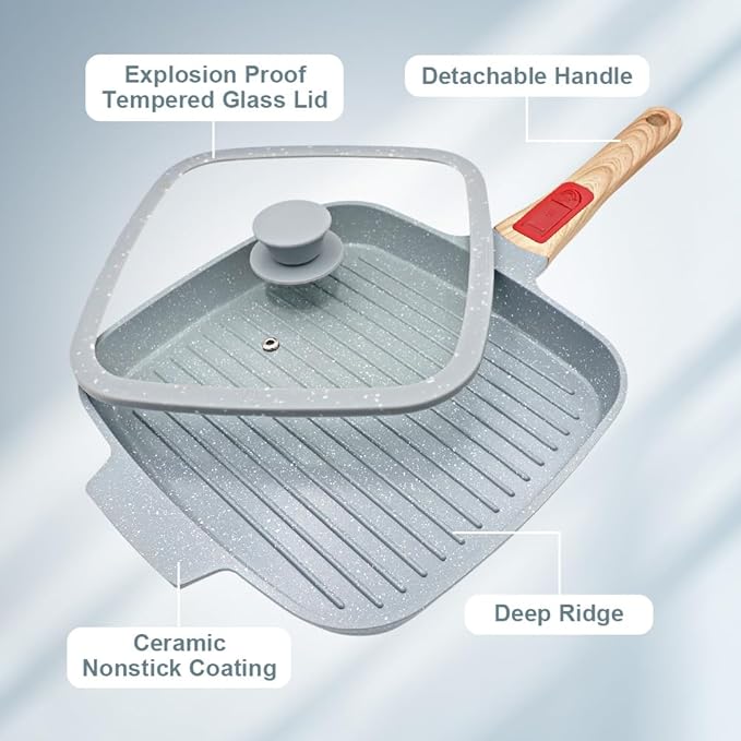 Nonstick Ceramic Griddle Pan with Lid, 10 Inch Steak Pan with Detachable Handle Induction Compatible, PFOA Free - Blue