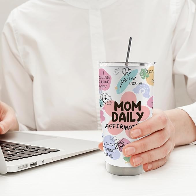 Mom Daily Affirmations 20oz Stainless Steel Insulated Travel Mug Tumbler with Lid and Straw