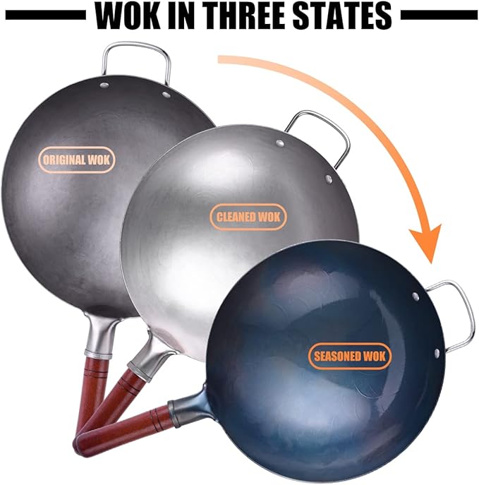 Carbon Steel Wok Traditional Hand Hammered - 13.4" Chinese Woks Round Bottom Wok Pan Set with 8 Pcs Cookware Accessories
