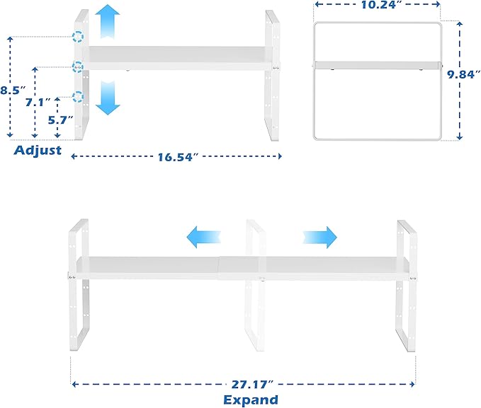 SANNO Expandable Kitchen Shelf Organizers, Cabinet Cupboard Storage Rack,Stackable Counter Shelf Organizer Space Riser Pantry Cupboard Storage Rack, White, 2 pack