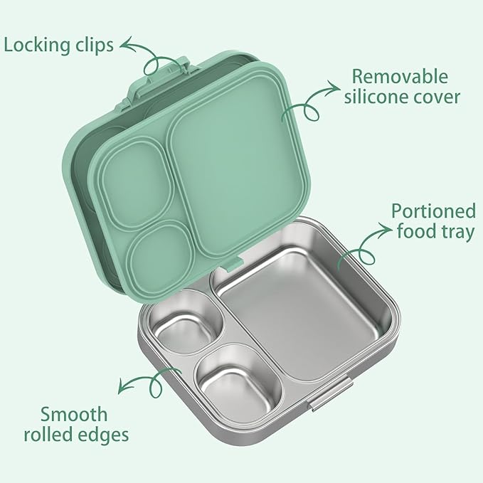 Stainless Steel Lunch Box: Metal Bento Box for Kids Adults - Leak-Proof 3 Compartments,Green