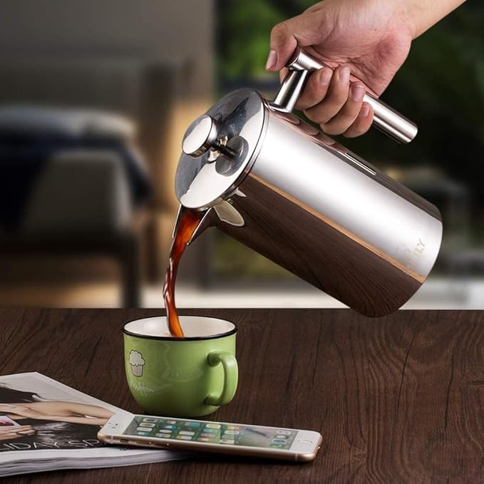 Miuly 21OZ French Press Coffee Maker 600ML Stainless Steel Coffee Press with 3 Level Filtration System, Double Wall Insulated French Press with 2 Filters, Silver