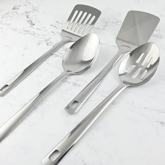 12-in Serving Spoons & Spatula Set, 18/0 Stainless Steel Cooking Utensil for Kitchen Buffet Home Hotel Restaurant