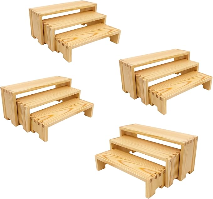 Display Wood Risers Wooden Stand 3 Tier 4 Set 12 Pieces Wooden Stands Decorative Rectangular Display Cupcake Stands Perfume Racks Cologne Organizer(Nature)