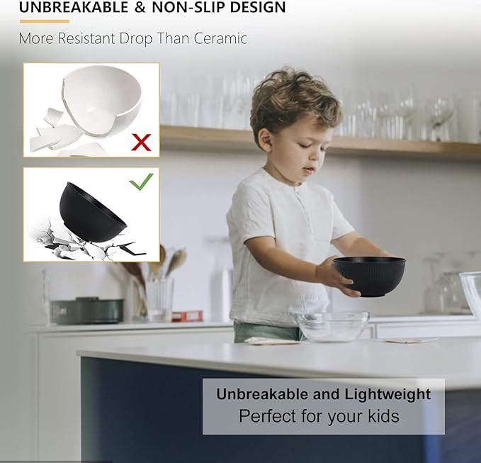 PYRMONT Cereal Bowl Sets of 8 Unbreakable Lightweight 26 OZ Bowls Set Microwave and Dishwasher Safe Wheat Straw Bowls for Soup, Oatmeal, Pasta, and Salad(Black)