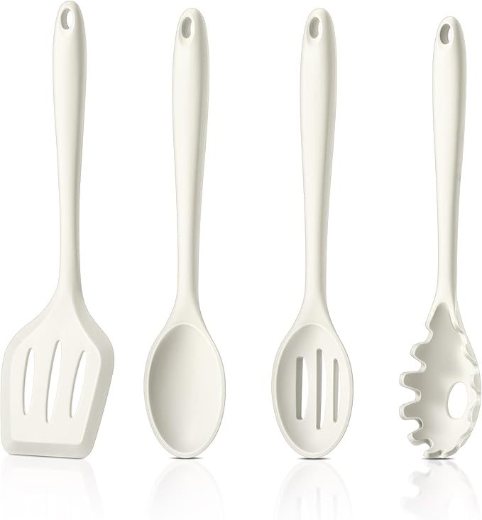 LIANYU 4Pcs Silicone Utensils, Kitchen Cooking Utensils Set, Kitchen Tools with Spoon, Turner, Pasta Server, Heat Resistant Cooking Gadgets for Non-stick Cookware, Dishwasher Safe, White