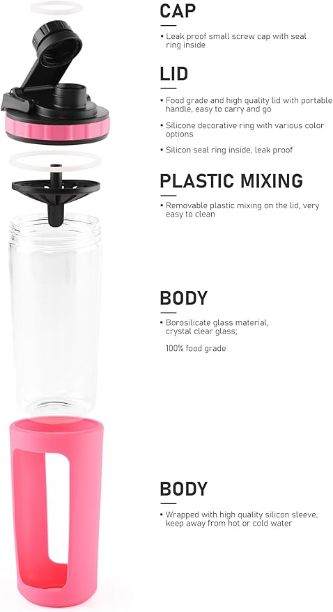 Glass Shaker Cup Odorless BPA Free– Glass Shaker Bottle for Protein 26oz Durable Borosilicate Glass, Leak-Proof & BPA-Free – Ideal for Creamy Protein Shakes, Smoothies & Workout Drinks (Pink)