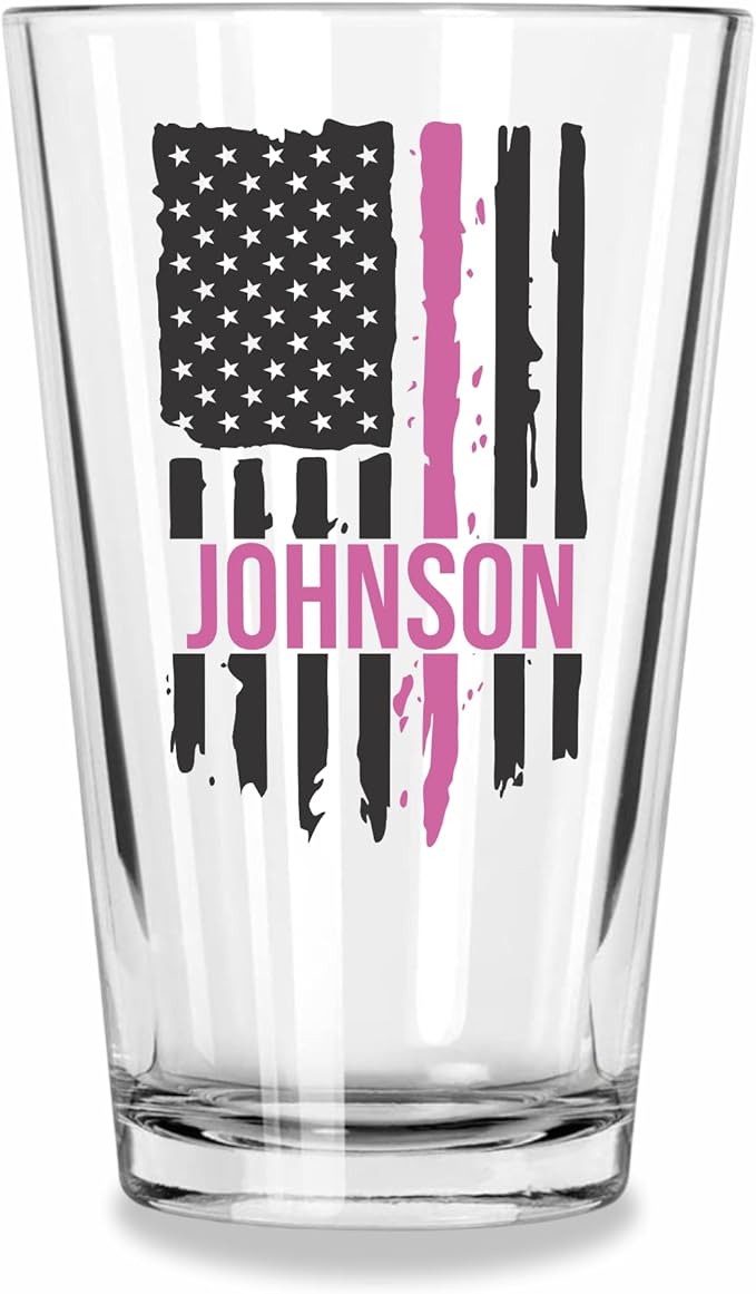 Blue Ridge Mountain Gifts - Thin Pink Line Pint Glass - Personalized Drinking Glass, Police Wife Gift, Law Enforcement Family, Female First Responders, Female Police Officer Gift