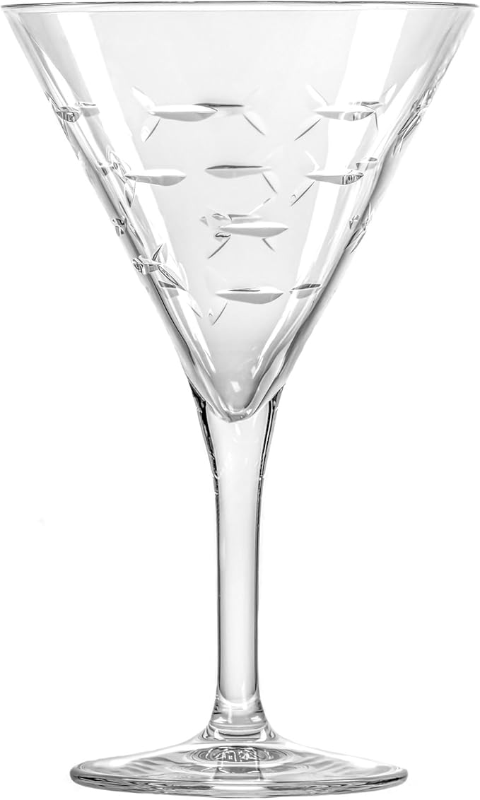 Rolf Glass School of Fish Martini Glass | Stemmed 7.5 oz. Martini Glasses | Lead-Free Glass | Diamond-Wheel Engraved Cocktail Glasses | Made in the USA (Set of 4)