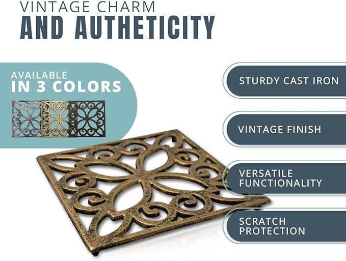 Comfify Decorative Cast Iron Trivet for Kitchen or Dining Table – Square with Vintage Pattern – 6.5" x 6.5" – Rubber Pegs – Recycled Rustic Metal – Gold with Black