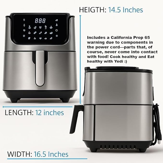 Yedi Evolution Air Fryer, 6.8 Quart, Stainless-Steel Finish, Ceramic Cooking Basket, with Deluxe Accessory Kit and Recipe Book