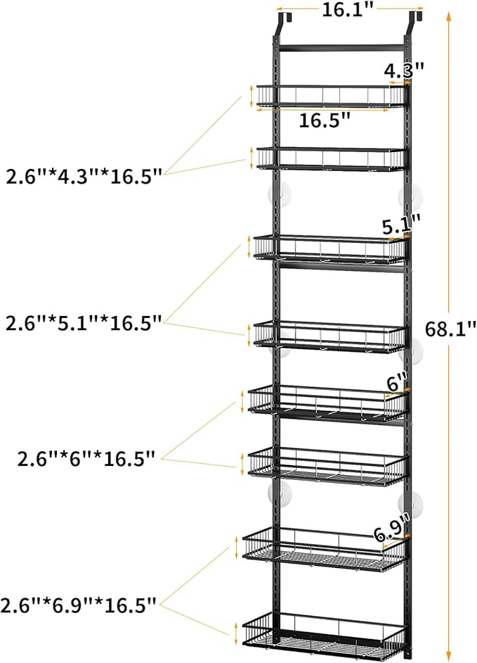 Over The Door Pantry Organizer, 8-Tier Over The Door Organizer with Adjustable Baskets, Metal Hanging Spice Rack for Pantry Organizers and Storage, Suitable for Kitchen Laundry Room & Bathroom,Black