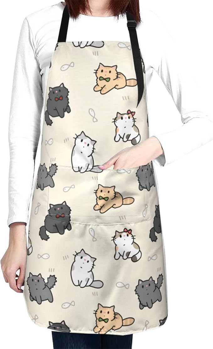 Cute Cat Apron Adjustable with 2 Pockets Cooking Kitchen Aprons for Men Women Outdoors Baking Chef Apron