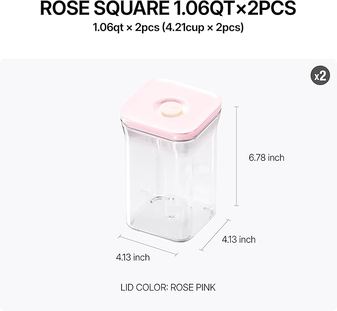 VAKUEN Premium Airtight Food Storage Containers ROSE Pink Lid, 1.0L(1.06qt) x2pcs Container. Patented Double Silicone Lining, 100% Leak Proof, BPA-FREE