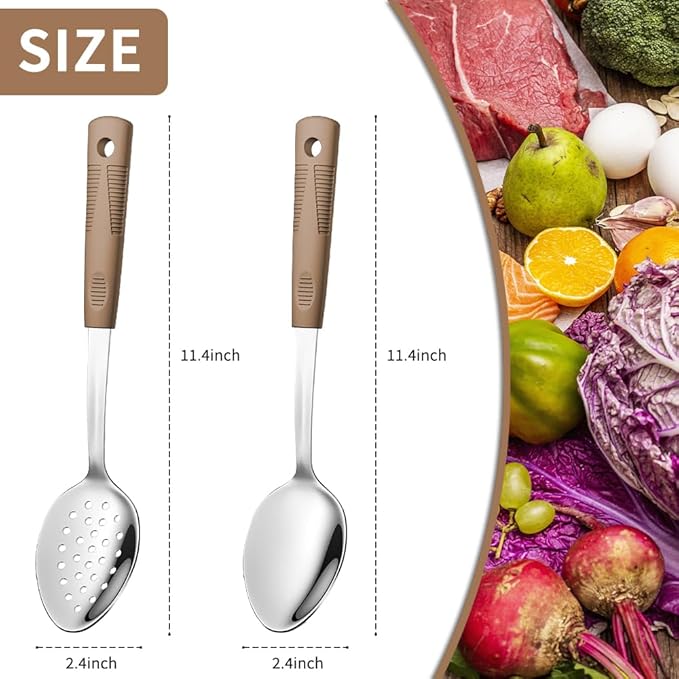 Stainless Steel Serving Spoon & Slotted Spoons Set, with Non-Slip Silicone Handles,2-Piece Metal Serving Spoons, Slotted Metal Spoon for Home Kitchen, Parties & Daily Use-brown
